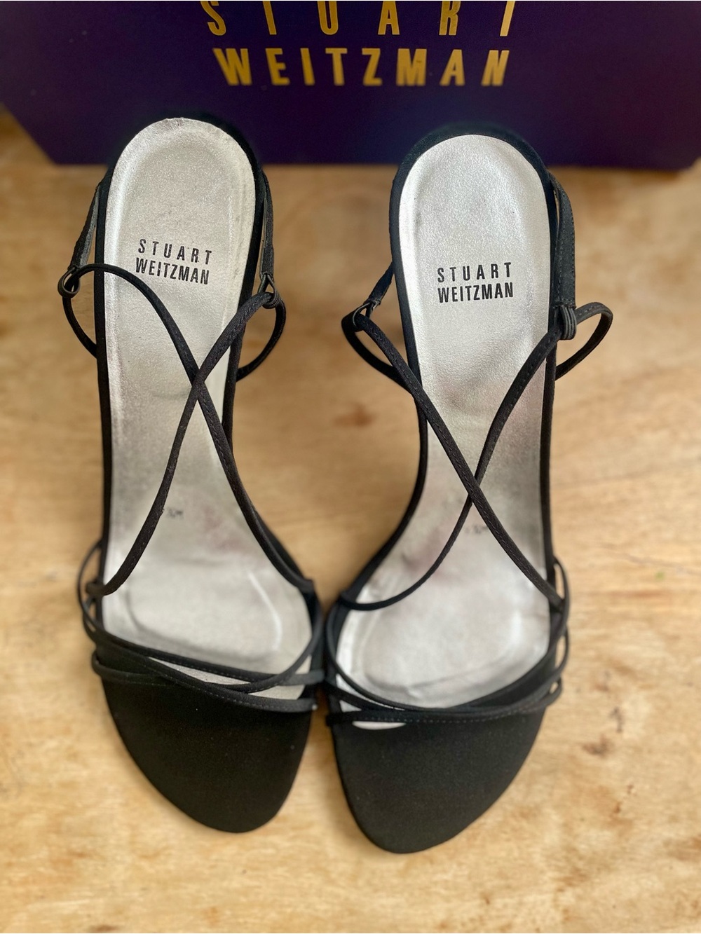 Stuart Weitzman Vintage 'Converge' Black Peau de Soie Strappy Heels Sz 9.5